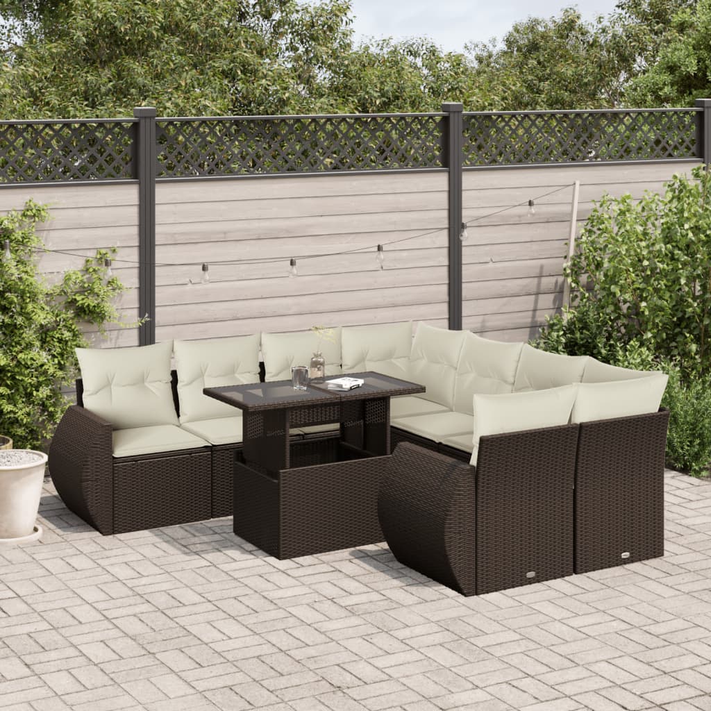 9-tlg. Garten-Sofagarnitur mit Kissen Braun Poly Rattan