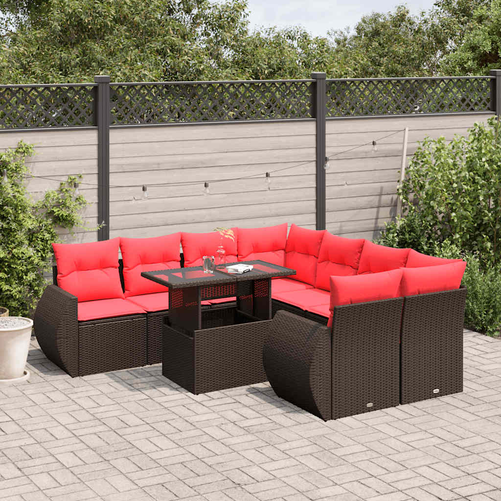 vidaXL 9-teiliges Gartensofa-Set mit Kissen, braun, Polyrattan
