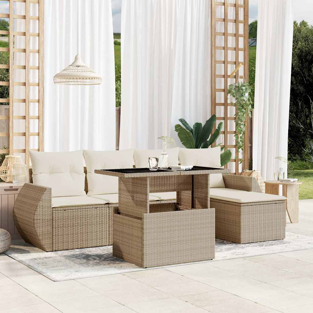 vidaXL 6-tlg. Garten-Sofagarnitur mit Kissen Beige Poly Rattan