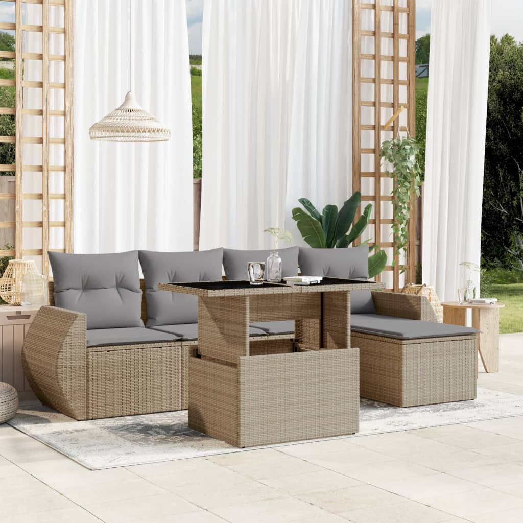 6-tlg. Garten-Sofagarnitur mit Kissen Beige Poly Rattan