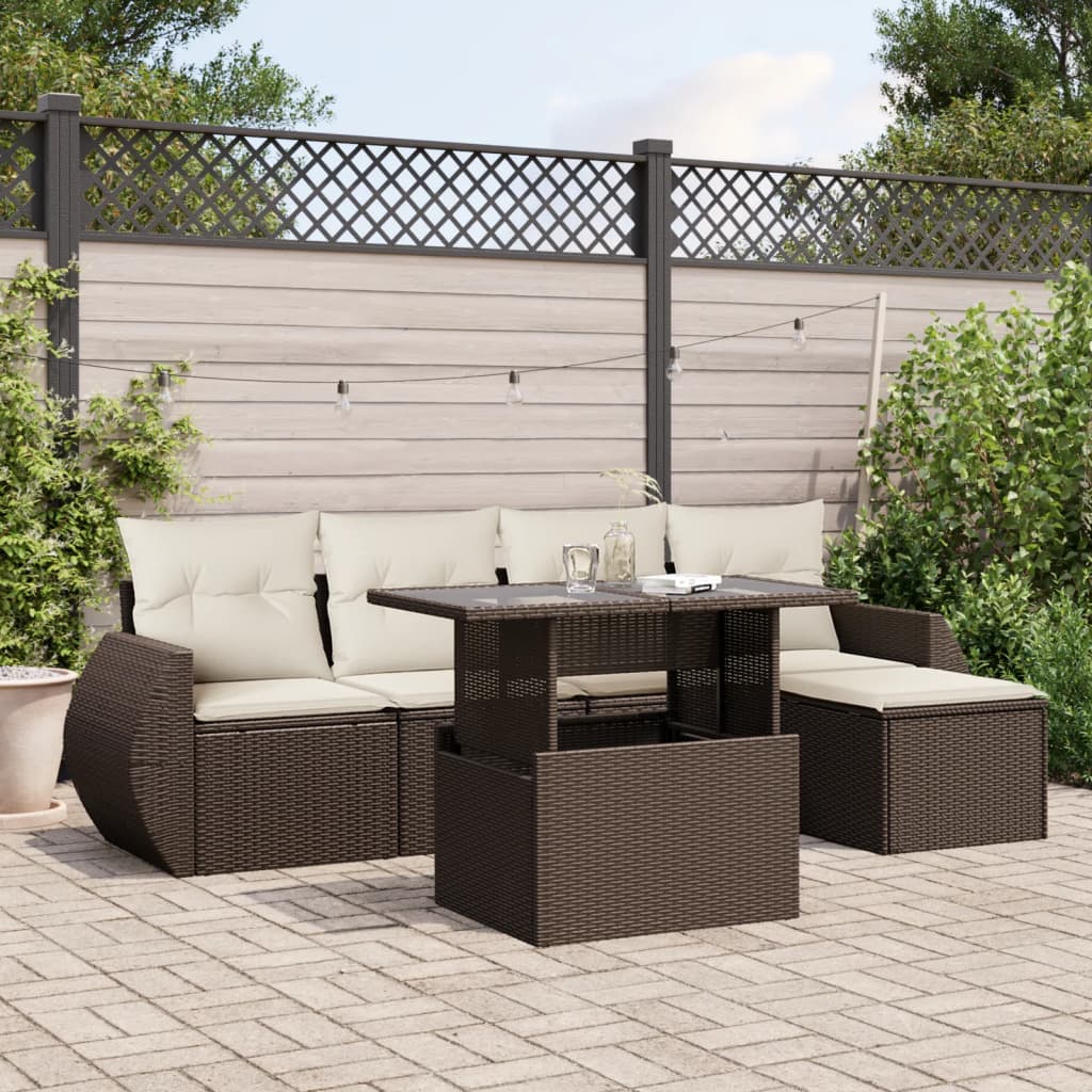 6-tlg. Garten-Sofagarnitur mit Kissen Braun Poly Rattan