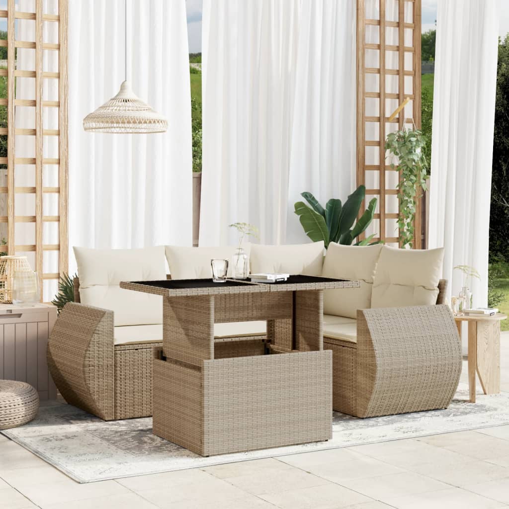 vidaXL 5-tlg. Garten-Sofagarnitur mit Kissen Beige Poly Rattan