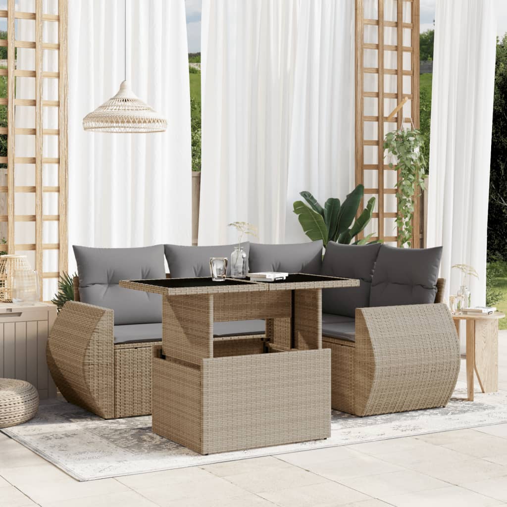 vidaXL 5-tlg. Garten-Sofagarnitur mit Kissen Beige Poly Rattan