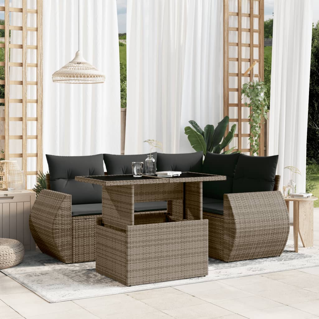 vidaXL 5-tlg. Garten-Sofagarnitur mit Kissen Grau Poly Rattan