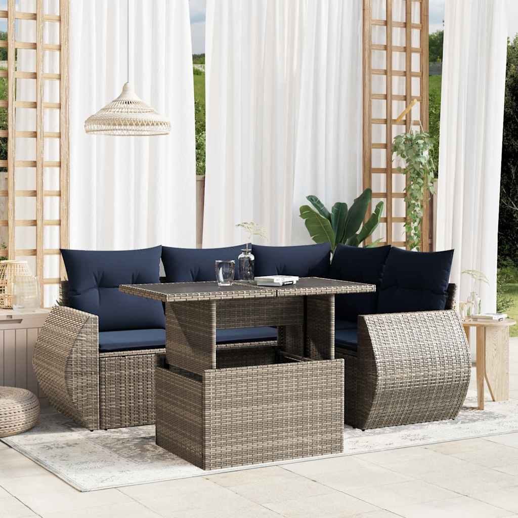 vidaXL 5-teiliges Gartensofa-Set mit Kissen, grau, Polyrattan