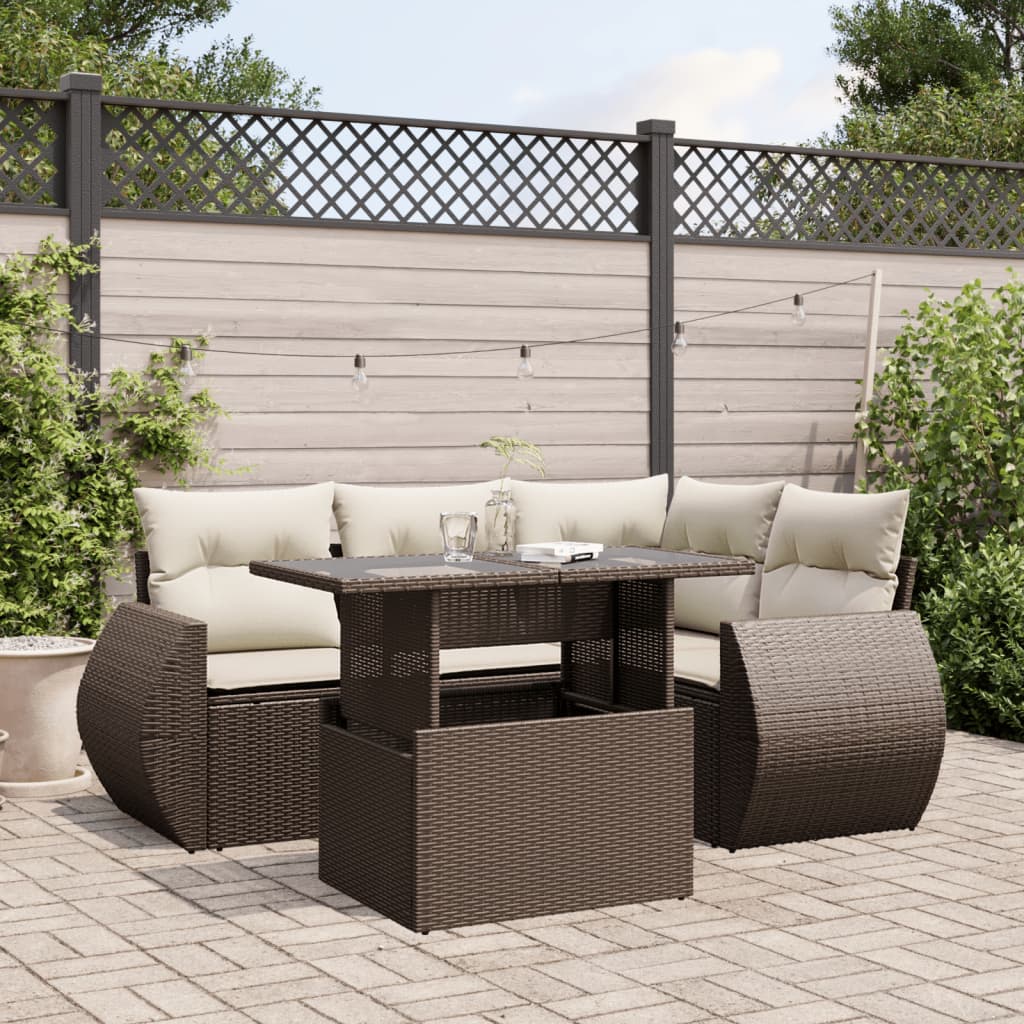 5-tlg. Garten-Sofagarnitur mit Kissen Braun Poly Rattan