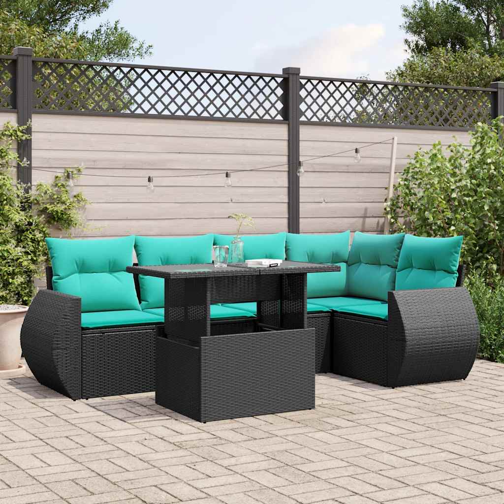 6 Piece Patio Sofa Set with Cushions Black Poly Rattan