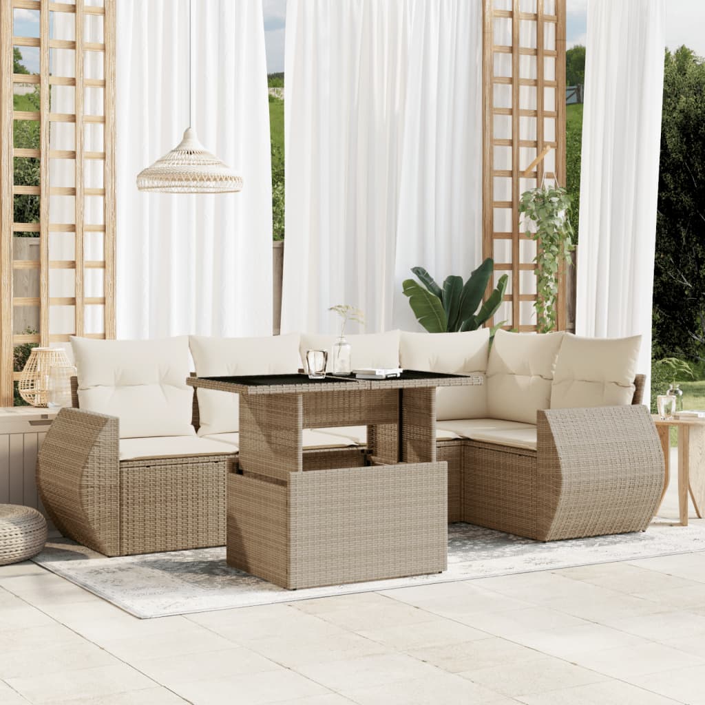 vidaXL 6-tlg. Garten-Sofagarnitur mit Kissen Beige Poly Rattan