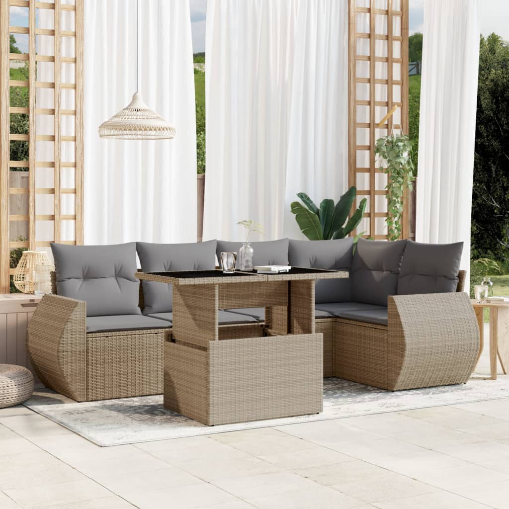 vidaXL 6-tlg. Garten-Sofagarnitur mit Kissen Beige Poly Rattan