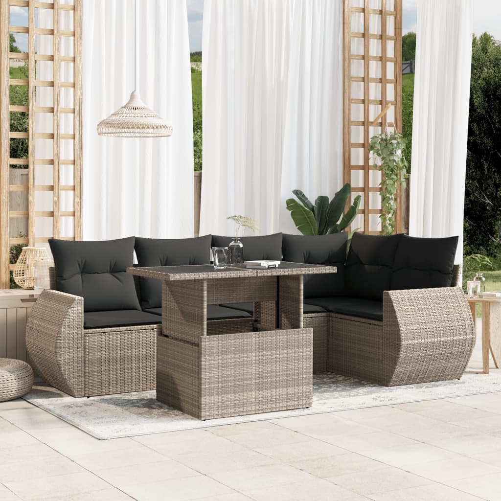 6-tlg. Garten-Sofagarnitur mit Kissen Hellgrau Poly Rattan