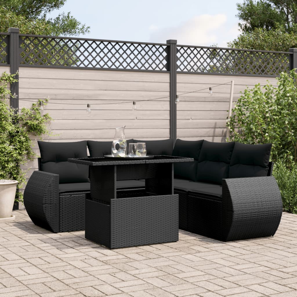 vidaXL 6-tlg. Garten-Sofagarnitur mit Kissen Schwarz Poly Rattan