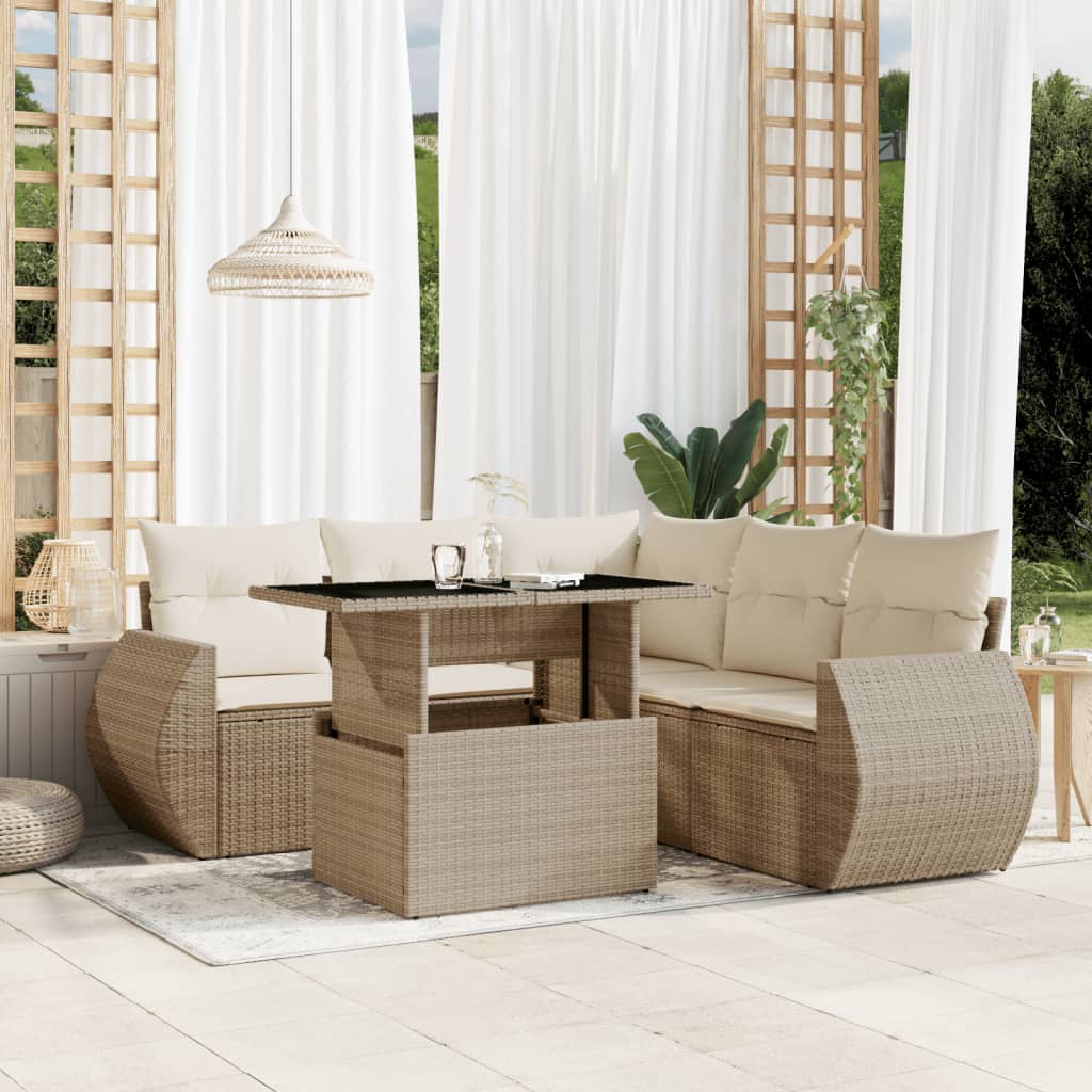 vidaXL 6-tlg. Garten-Sofagarnitur mit Kissen Beige Poly Rattan