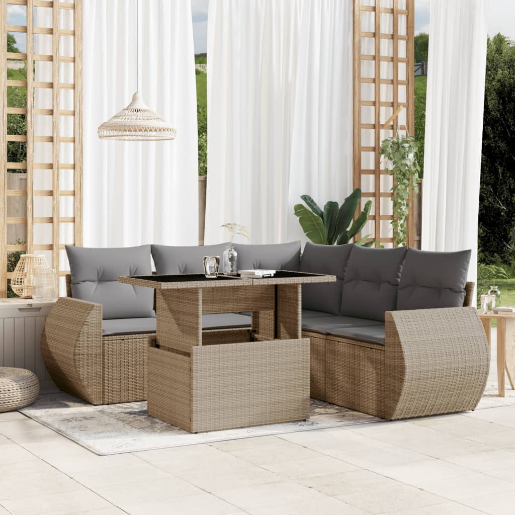 vidaXL 6-tlg. Garten-Sofagarnitur mit Kissen Beige Poly Rattan