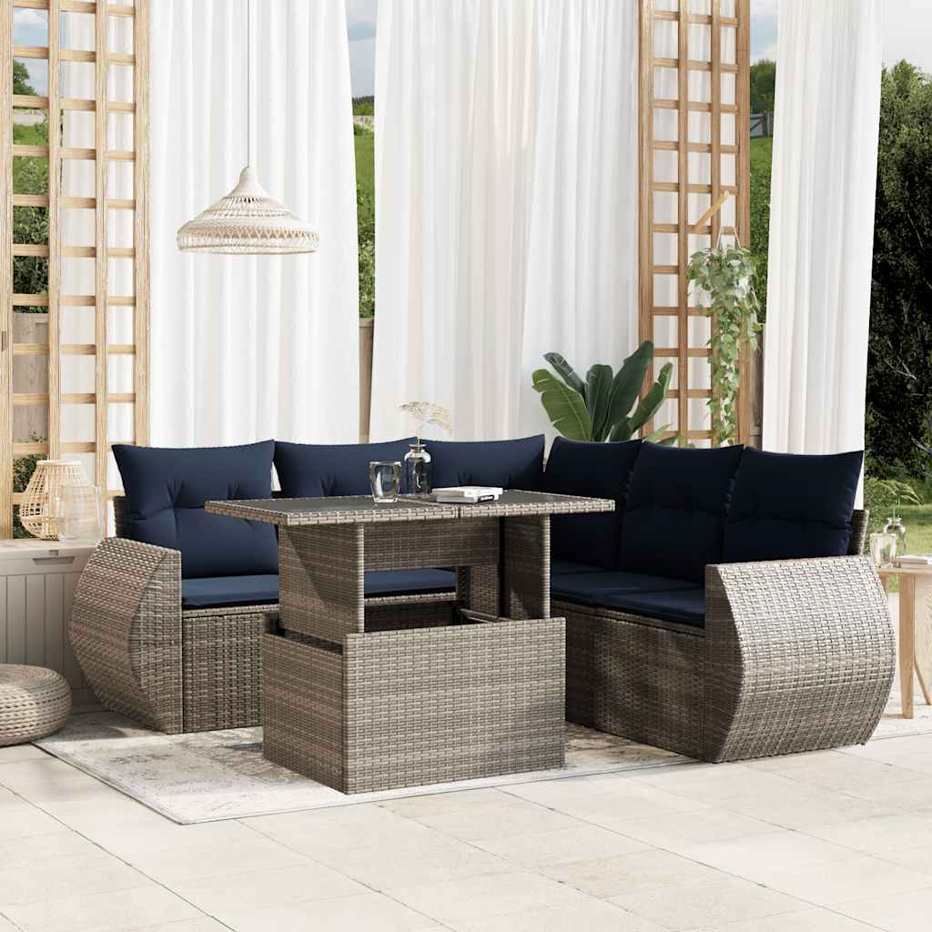 vidaXL 6-teiliges Gartensofa-Set mit Kissen, grau, Polyrattan