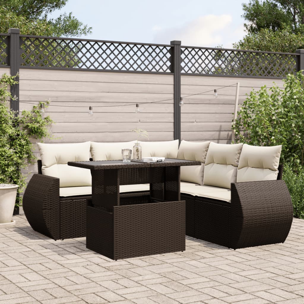 6-tlg. Garten-Sofagarnitur mit Kissen Braun Poly Rattan