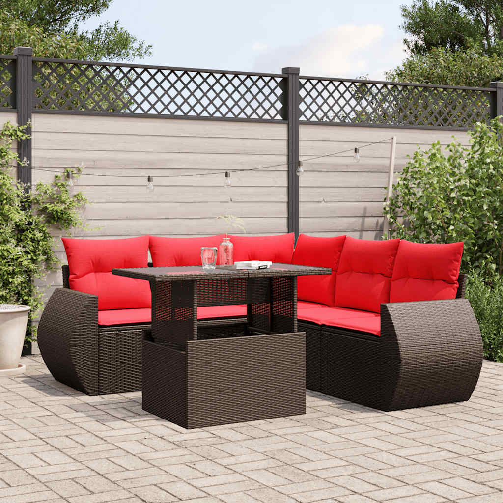 6 Piece Patio Sofa Set with Cushions Brown Poly Rattan