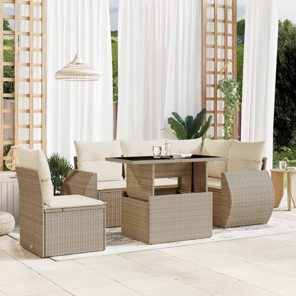 vidaXL 6-tlg. Garten-Sofagarnitur mit Kissen Beige Poly Rattan