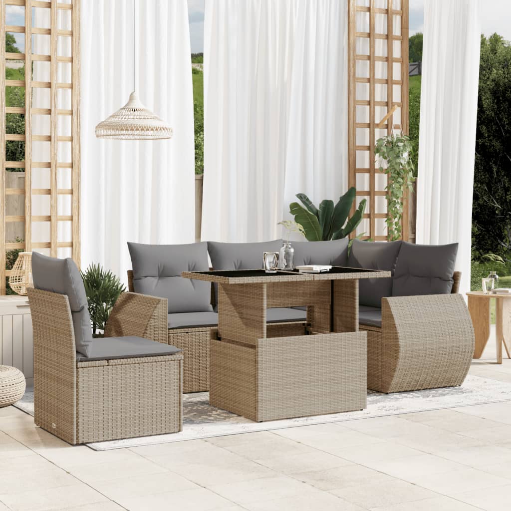 vidaXL 6-tlg. Garten-Sofagarnitur mit Kissen Beige Poly Rattan