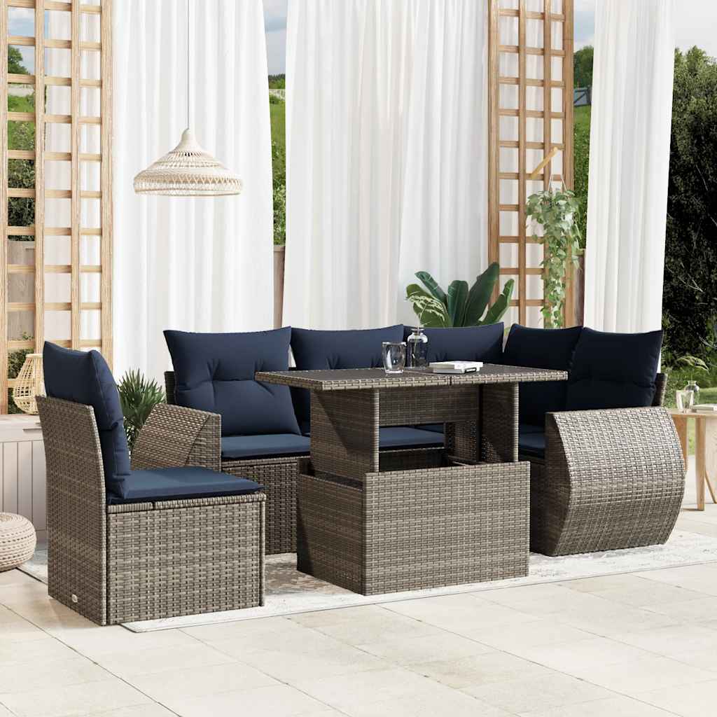 6 Piece Patio Sofa Set with Cushions Gray Poly Rattan
