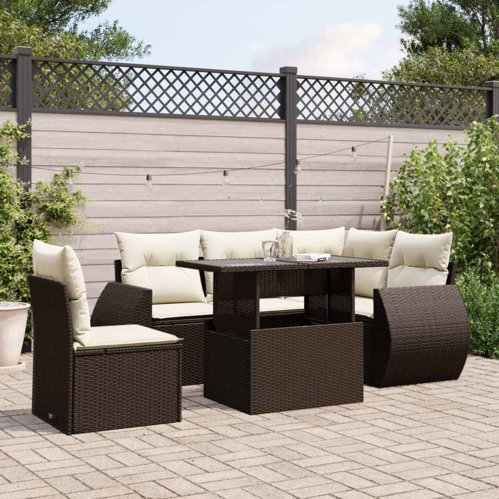 6-tlg. Garten-Sofagarnitur mit Kissen Braun Poly Rattan