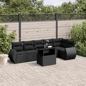 Vrtna sedežna garnitura 7-delna z blazinami črn poli ratan