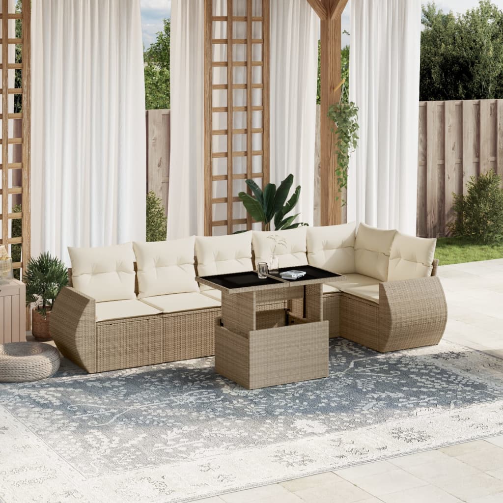 7-tlg. Garten-Sofagarnitur mit Kissen Beige Poly Rattan