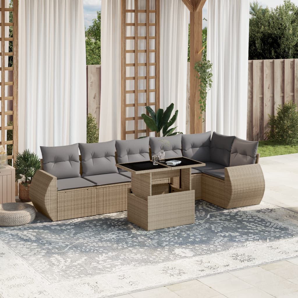 7-tlg. Garten-Sofagarnitur mit Kissen Beige Poly Rattan