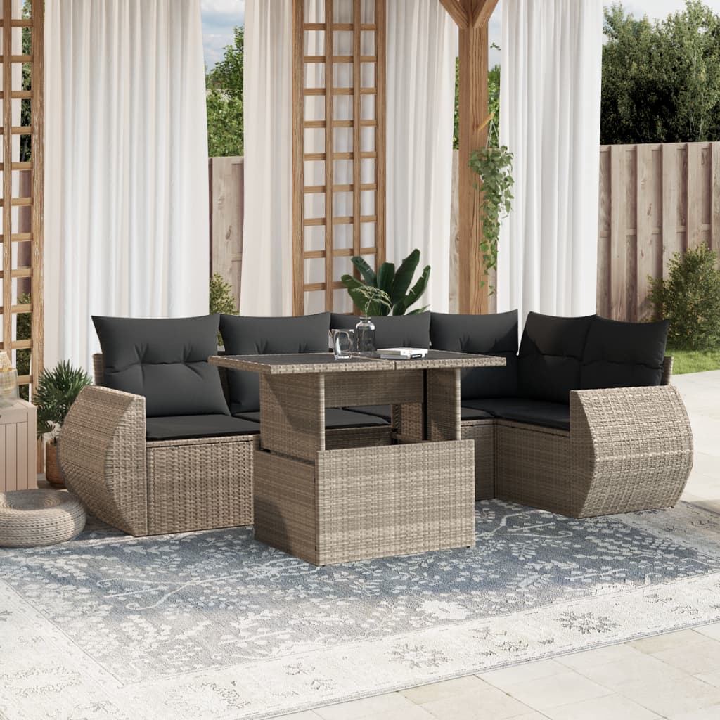 7-tlg. Garten-Sofagarnitur mit Kissen Hellgrau Poly Rattan