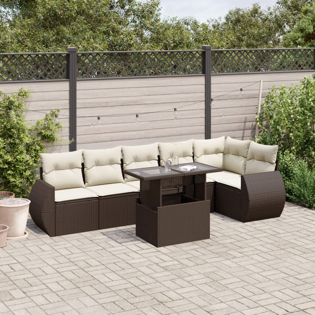 7-tlg. Garten-Sofagarnitur mit Kissen Braun Poly Rattan