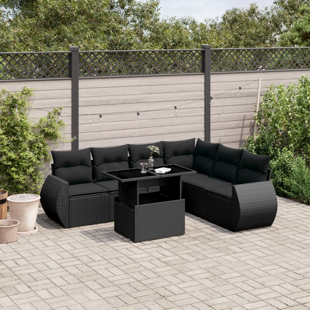 vidaXL 7-tlg. Garten-Sofagarnitur mit Kissen Schwarz Poly Rattan