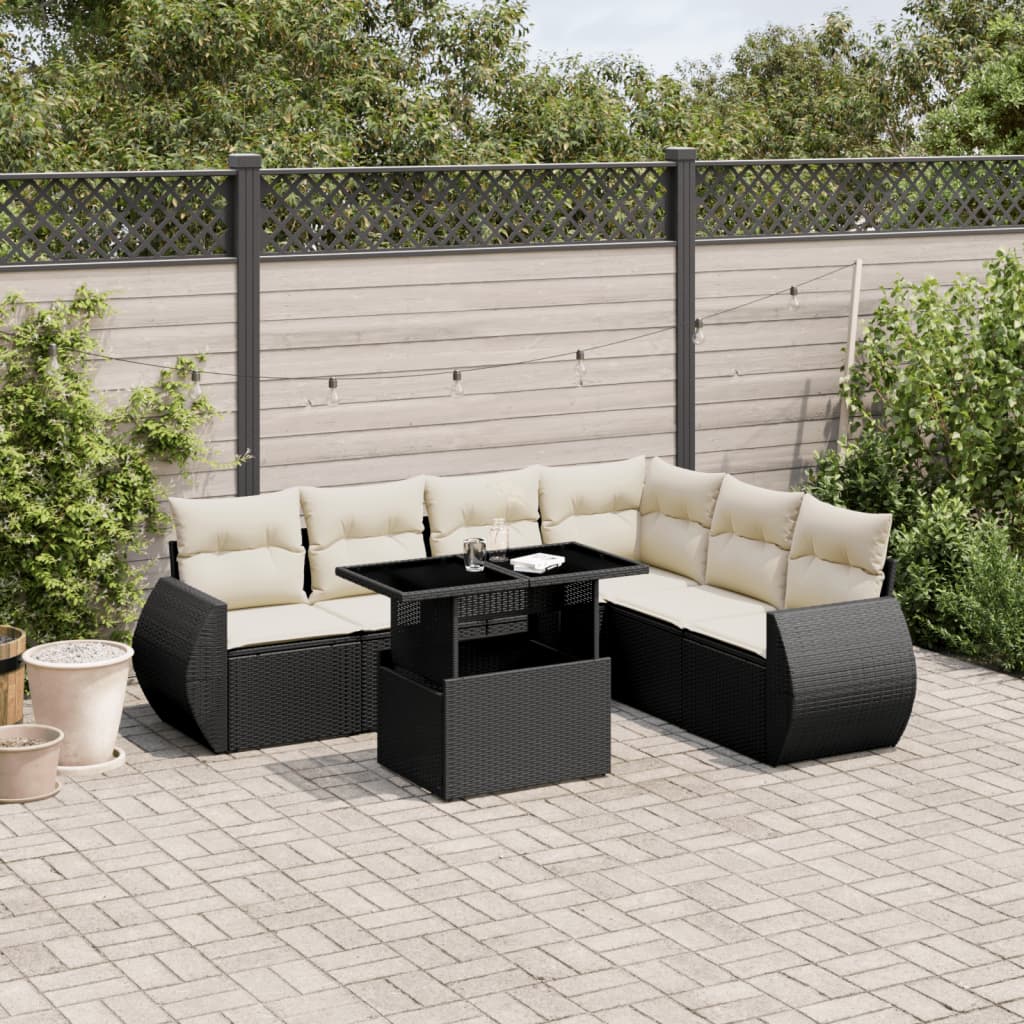 vidaXL 7-tlg. Garten-Sofagarnitur mit Kissen Schwarz Poly Rattan