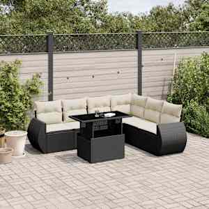 Vrtna sedežna garnitura 7-delna z blazinami črn poli ratan