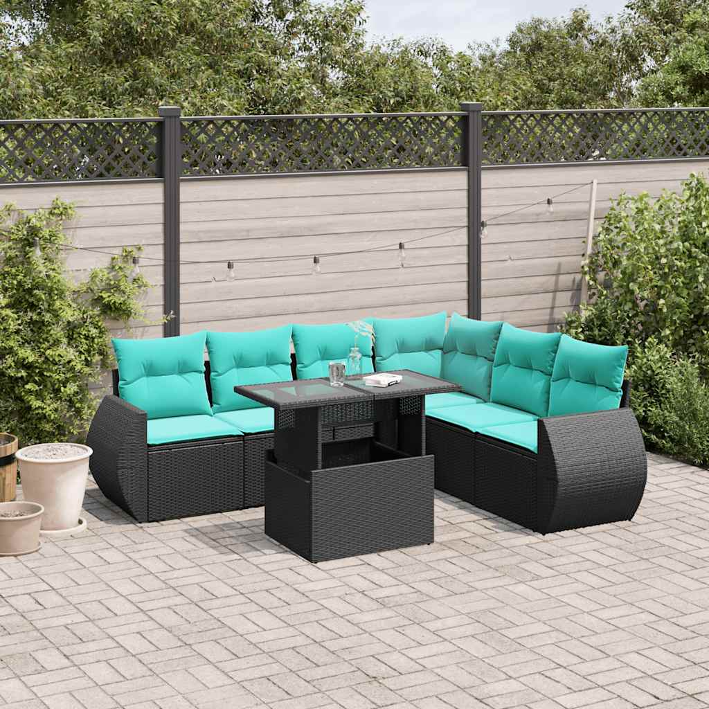 7 Piece Patio Sofa Set with Cushions Black Poly Rattan