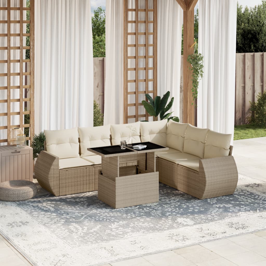 7-tlg. Garten-Sofagarnitur mit Kissen Beige Poly Rattan