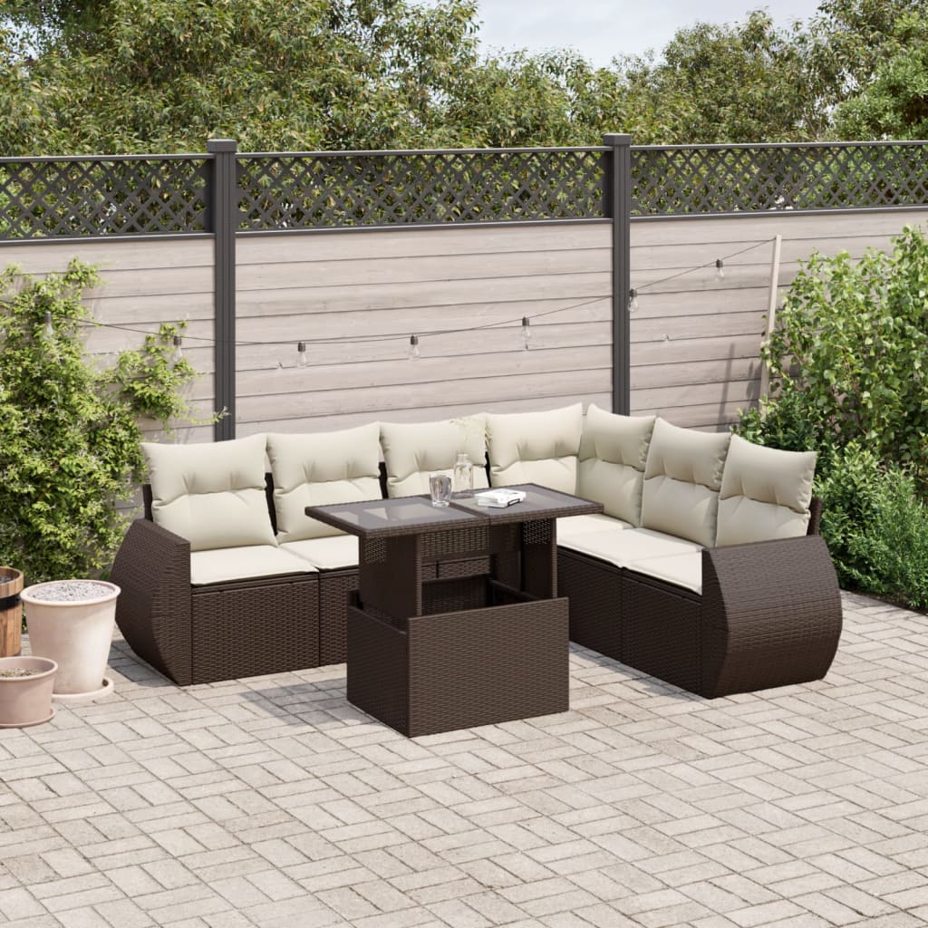 7-tlg. Garten-Sofagarnitur mit Kissen Braun Poly Rattan