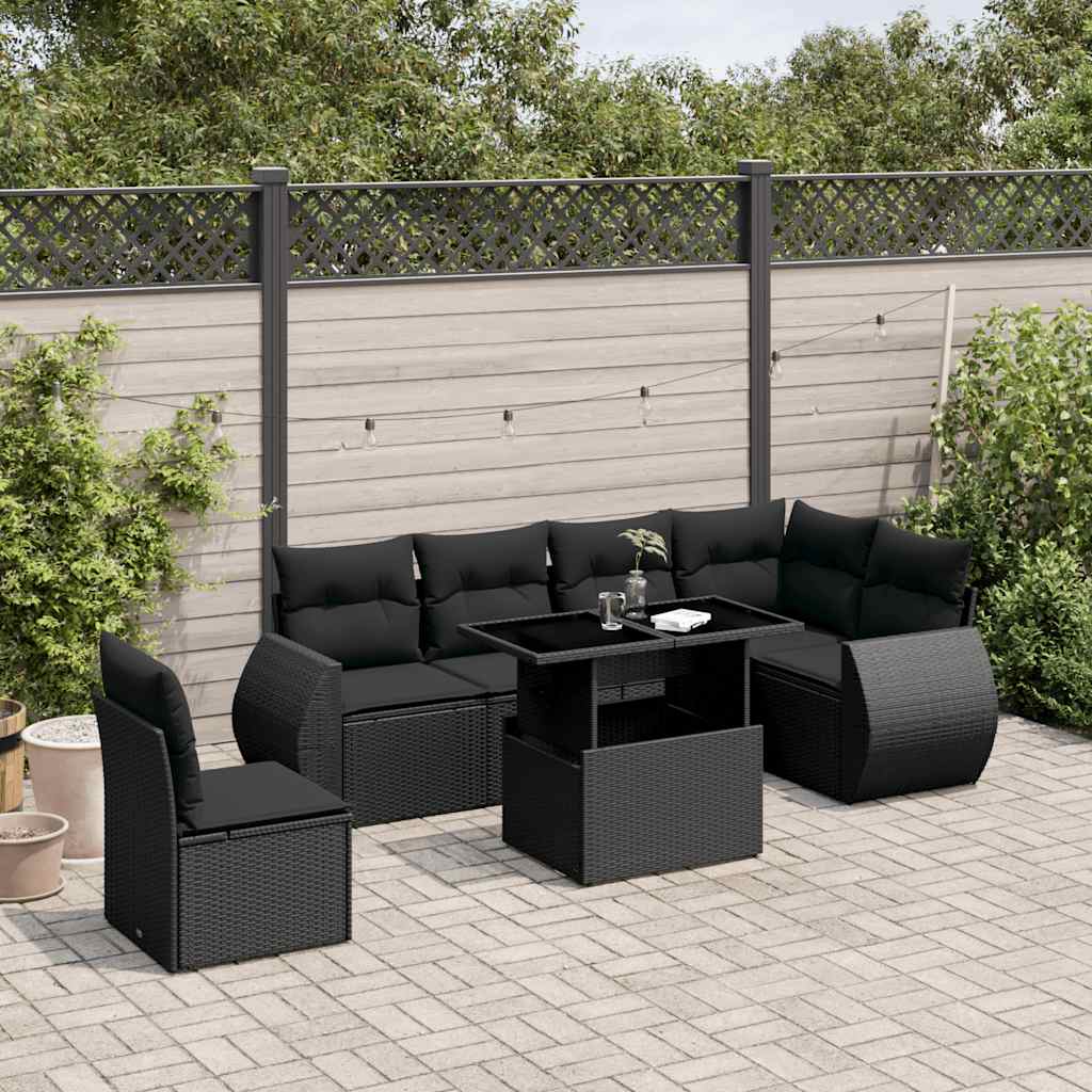 vidaXL 7-tlg. Garten-Sofagarnitur mit Kissen Schwarz Poly Rattan