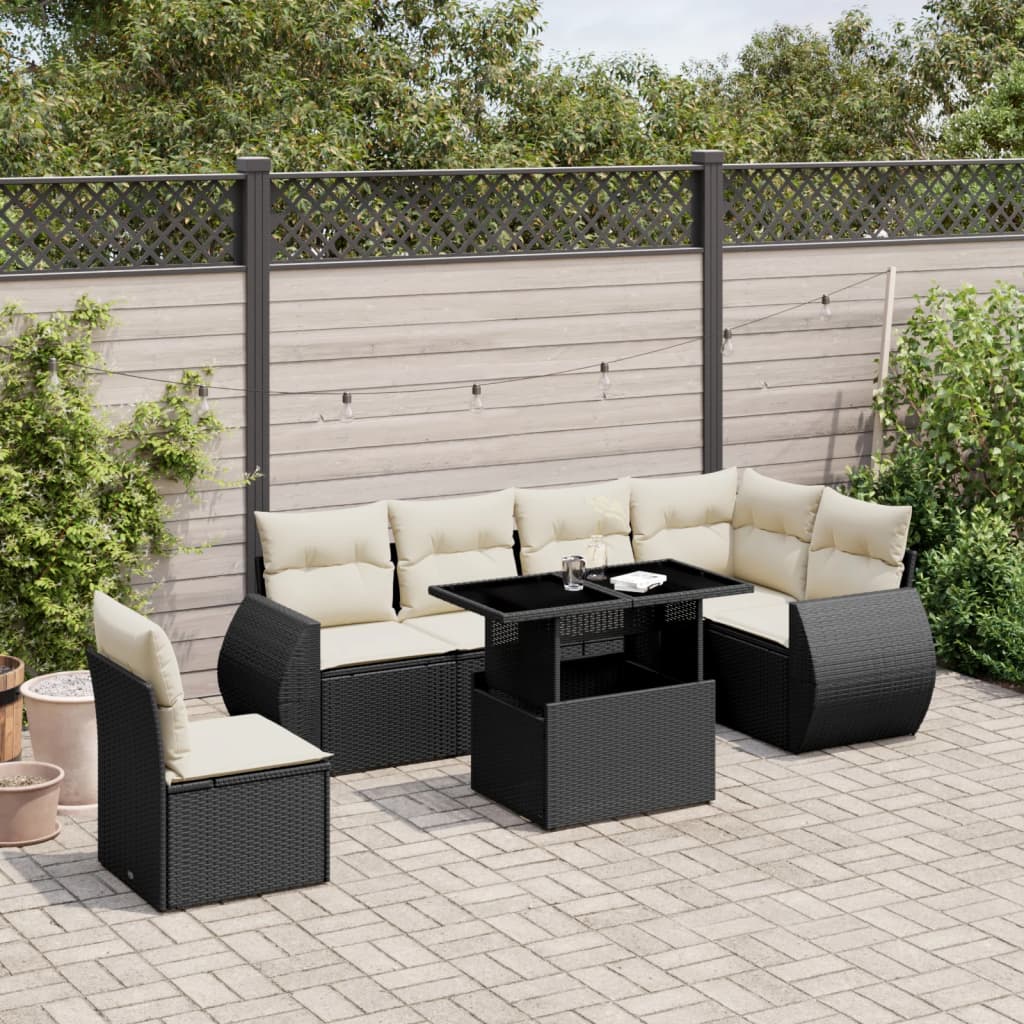 vidaXL 7-tlg. Garten-Sofagarnitur mit Kissen Schwarz Poly Rattan