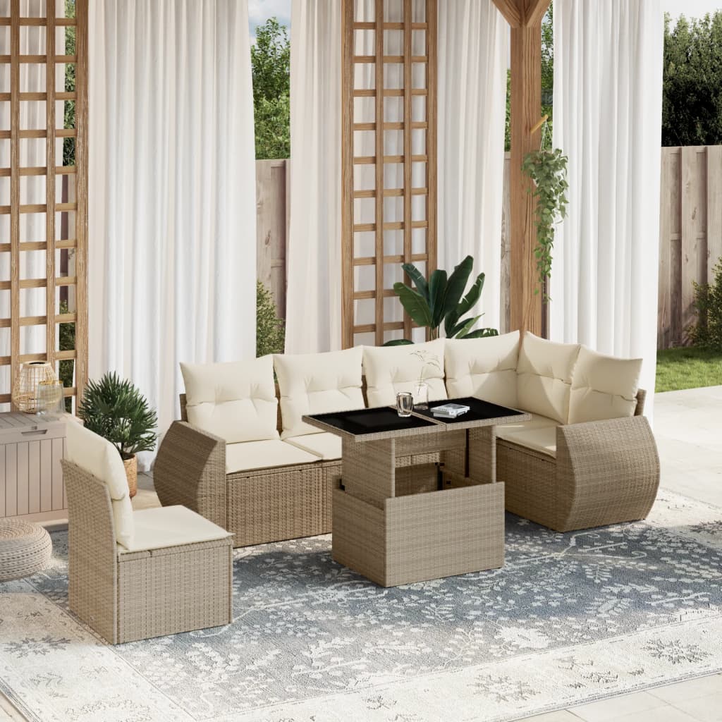 7-tlg. Garten-Sofagarnitur mit Kissen Beige Poly Rattan