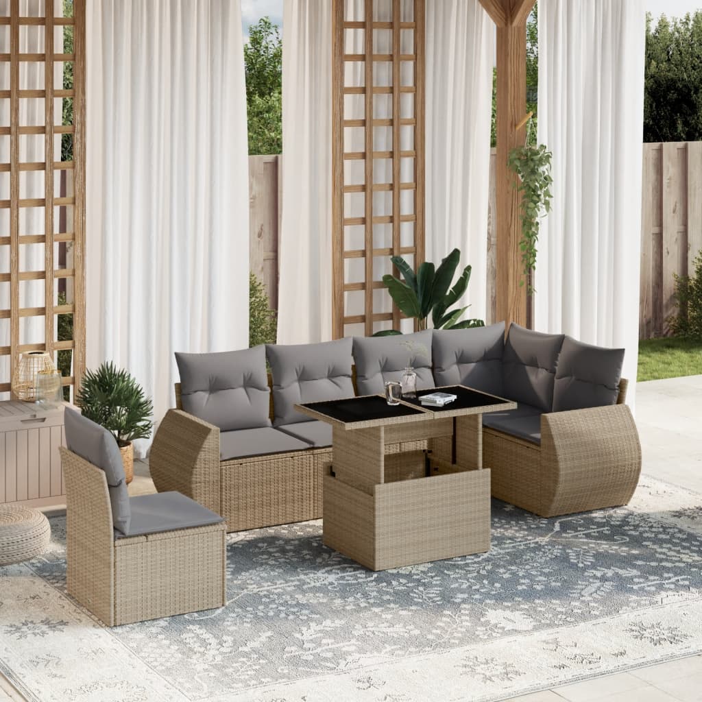 7-tlg. Garten-Sofagarnitur mit Kissen Beige Poly Rattan