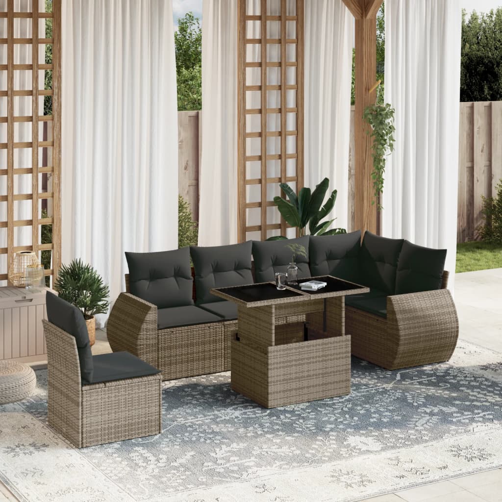 vidaXL 7-tlg. Garten-Sofagarnitur mit Kissen Grau Poly Rattan