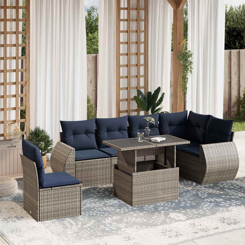 vidaXL 7-teiliges Gartensofa-Set mit Kissen, grau, Polyrattan
