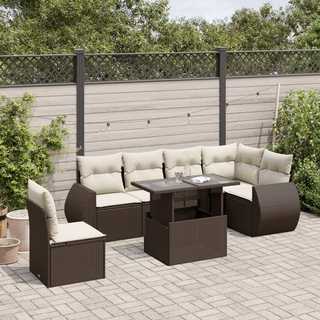 7-tlg. Garten-Sofagarnitur mit Kissen Braun Poly Rattan