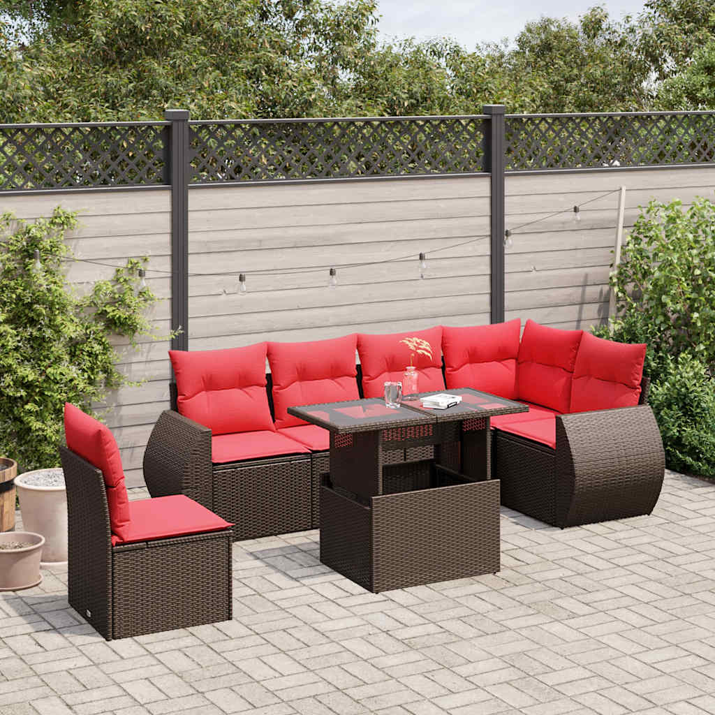 7 Piece Patio Sofa Set with Cushions Brown Poly Rattan