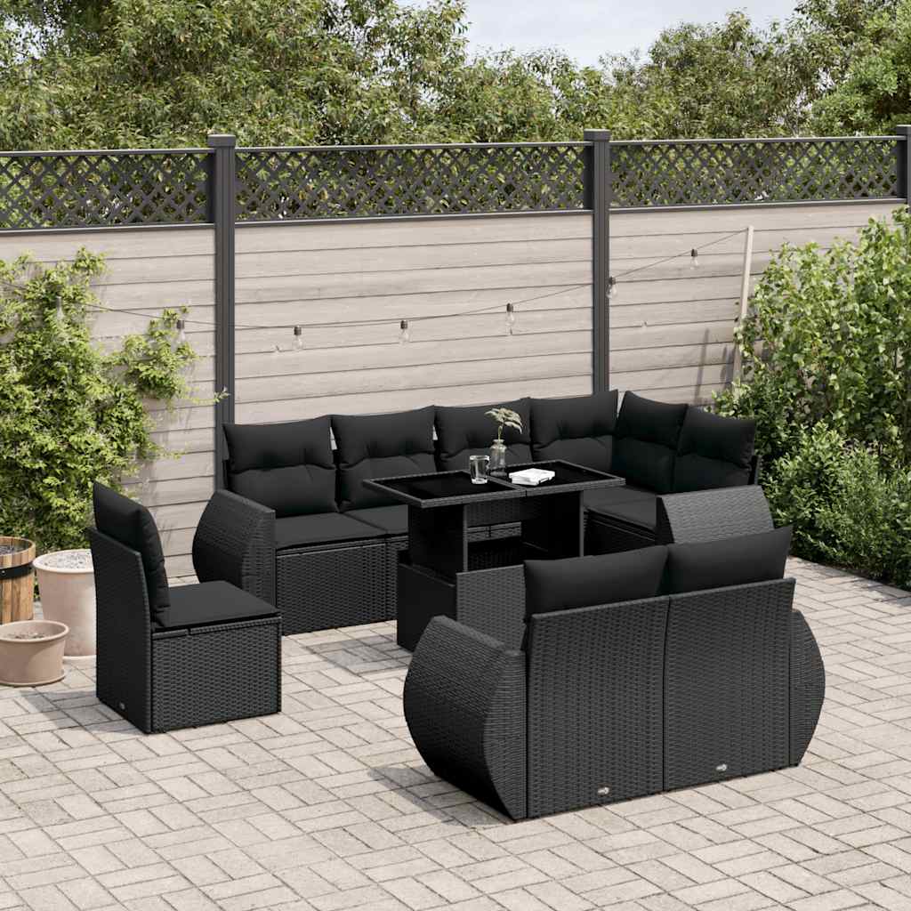 vidaXL 9-tlg. Garten-Sofagarnitur mit Kissen Schwarz Poly Rattan