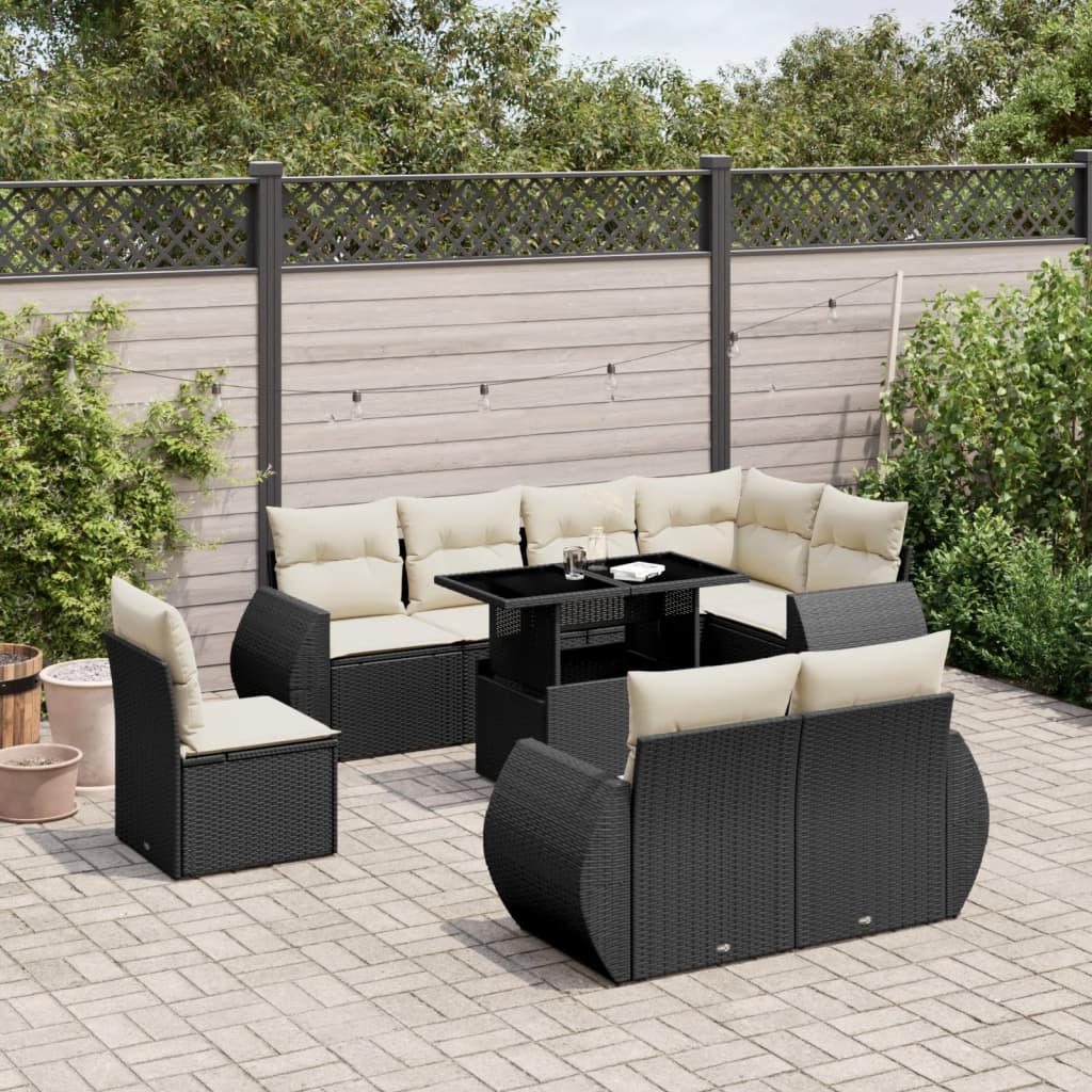 9-tlg. Garten-Sofagarnitur mit Kissen Schwarz Poly Rattan