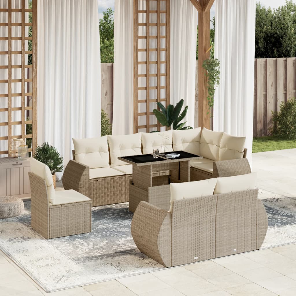 vidaXL 9-tlg. Garten-Sofagarnitur mit Kissen Beige Poly Rattan