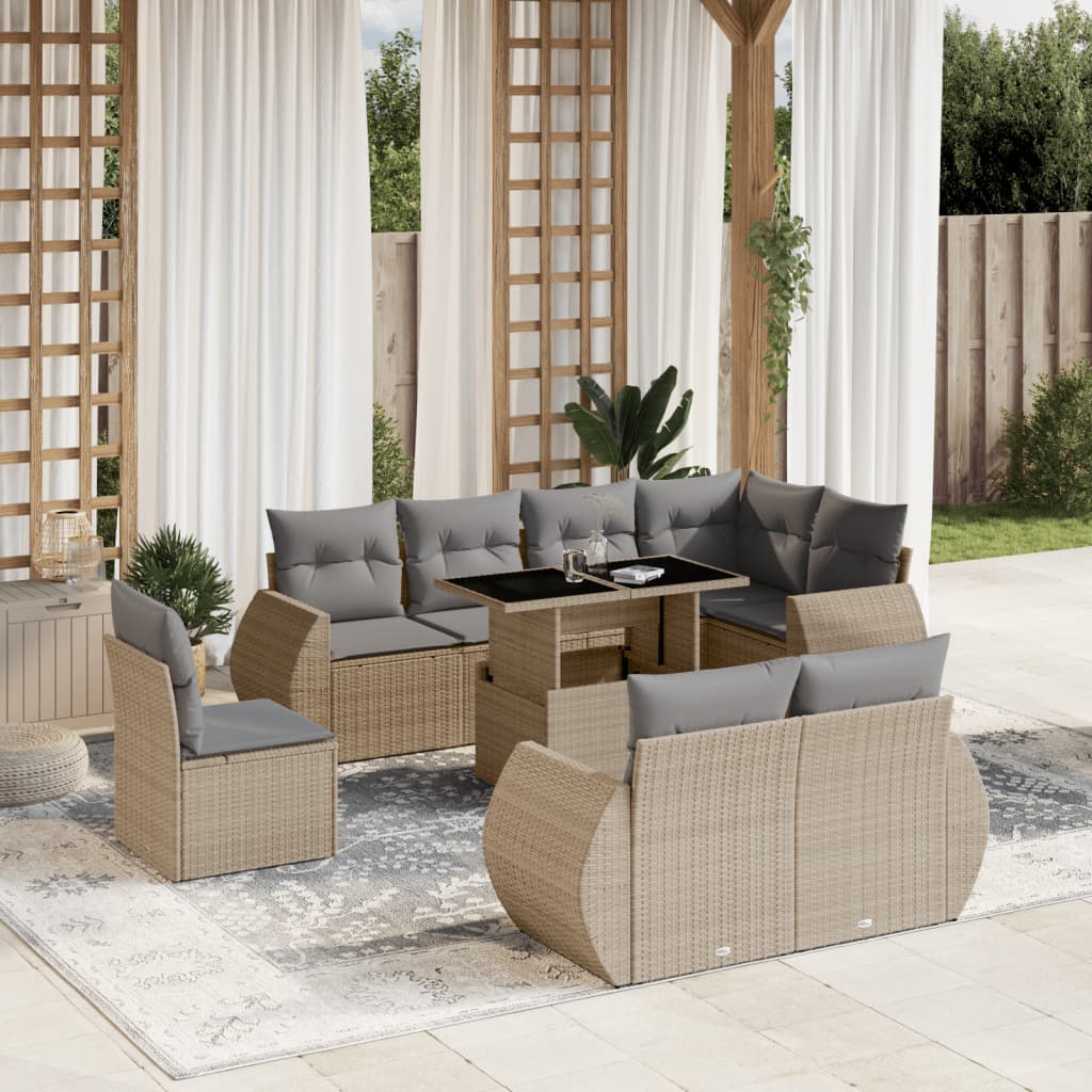 9-tlg. Garten-Sofagarnitur mit Kissen Beige Poly Rattan