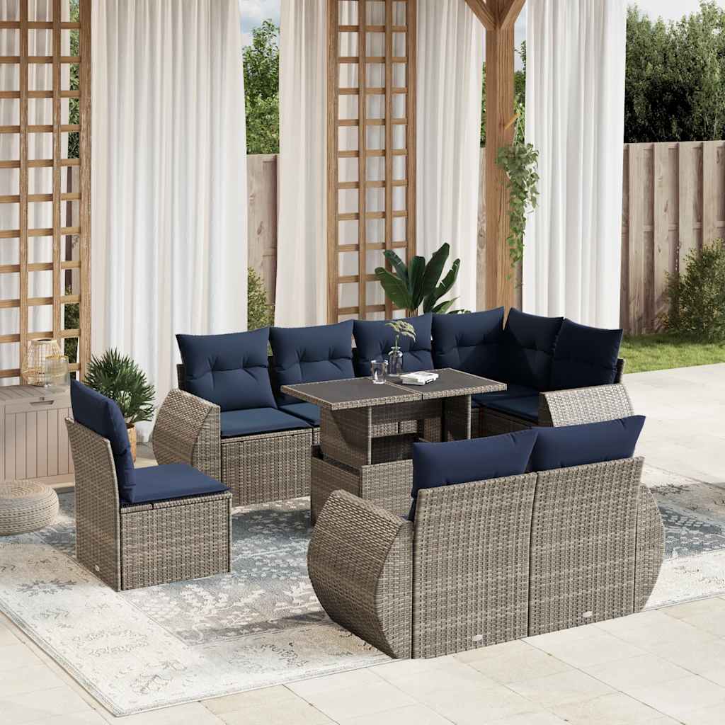 vidaXL 9-teiliges Gartensofa-Set mit Kissen, grau, Polyrattan