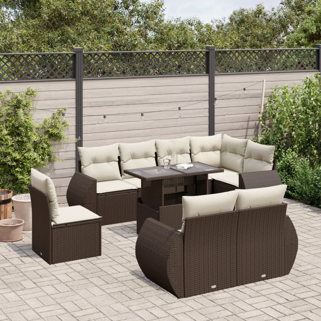 9-tlg. Garten-Sofagarnitur mit Kissen Braun Poly Rattan