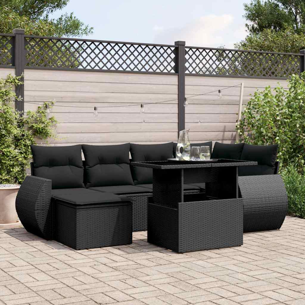 vidaXL 7-tlg. Garten-Sofagarnitur mit Kissen Schwarz Poly Rattan